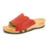 anna-farbe: rosso alias rot, damen clog pantolette mit biegsamer nachhaltiger weidenholzsohle, holzclogs woody, woody schuhe, woody shoes, handgemachte holzschuhe aus österreich, kärnten