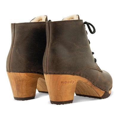 anne, clog ankle boot damen mit biegsamer nachhaltiger holzsohle, farbe: caffe-braun holzclogs woody, woody schuhe, woody shoes, handgemachte holzschuhe aus österreich, kärnten