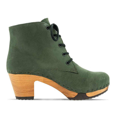 anne, clog ankle boot damen mit biegsamer nachhaltiger holzsohle, farbe: forest (waldgruen), holzclogs woody, woody schuhe, woody shoes, handgemachte holzschuhe aus österreich, kärnten