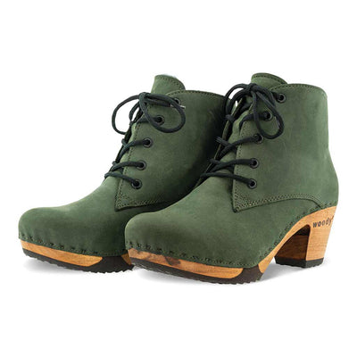 anne, clog ankle boot damen mit biegsamer nachhaltiger holzsohle, farbe: forest (waldgruen), holzclogs woody, woody schuhe, woody shoes, handgemachte holzschuhe aus österreich, kärnten