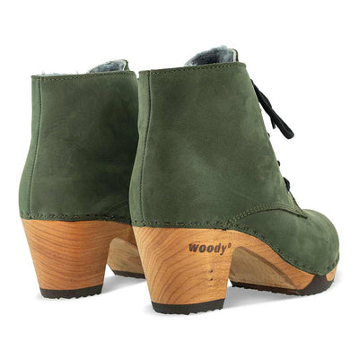 anne, clog ankle boot damen mit biegsamer nachhaltiger holzsohle, farbe: forest (waldgruen), holzclogs woody, woody schuhe, woody shoes, handgemachte holzschuhe aus österreich, kärnten