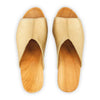 Elly Clogs Damen Pantolette von woody. elly, farbe: gold, clogs pantolette damen mit absatz mit biegsamer nachhaltiger weidenholzsohle, holzclogs woody, woody schuhe, woody shoes, handgemachte holzschuhe aus österreich, kärnten