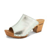 Elly Clogs Damen Pantolette von woody. elly, farbe: silber, clogs pantolette damen mit absatz mit biegsamer nachhaltiger weidenholzsohle, holzclogs woody, woody schuhe, woody shoes, handgemachte holzschuhe aus österreich, kärnten