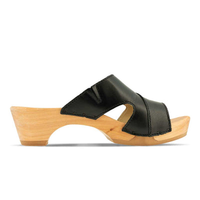 fiona-farbe: schwarz, pantoletten clogs damen mit biegsamer nachhaltiger Holzsohle,holzclogs woody, woody schuhe, woody shoes, handgemachte holzschuhe aus österreich, kärnten