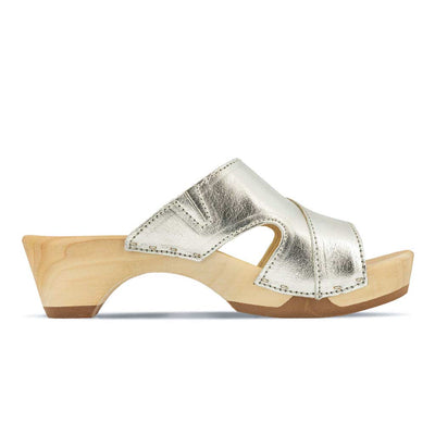 fiona-farbe: silber, pantoletten clogs damen mit biegsamer nachhaltiger Holzsohle,holzclogs woody, woody schuhe, woody shoes, handgemachte holzschuhe aus österreich, kärnten