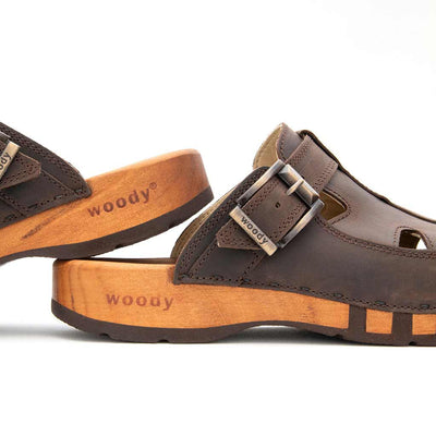 freddy, clogs herren mit biegsamer nachhaltiger Holzsohle, farbe: caffe (braun), holzclogs woody, woody schuhe, woody shoes, handgemachte holzschuhe aus österreich, kärnten