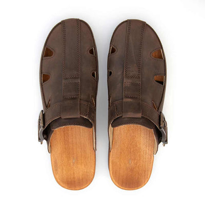 freddy, clogs herren mit biegsamer nachhaltiger Holzsohle, farbe: caffe (braun), holzclogs woody, woody schuhe, woody shoes, handgemachte holzschuhe aus österreich, kärnten