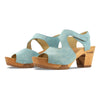 hannah, sandletten clogs damen mit biegsamer nachhaltiger holzsohle, holzclogs woody, woody schuhe, woody shoes, handgemachte holzschuhe aus österreich, kärnten, farbe: baby blue (hellblau)