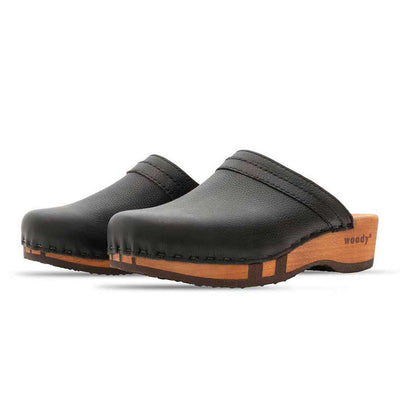 hanni, clogs damen mit biegsamer nachhaltiger holzsohle, farbe: cervo nero (schwarz), holzclogs woody, woody schuhe, woody shoes, handgemachte holzschuhe aus österreich, kärnten