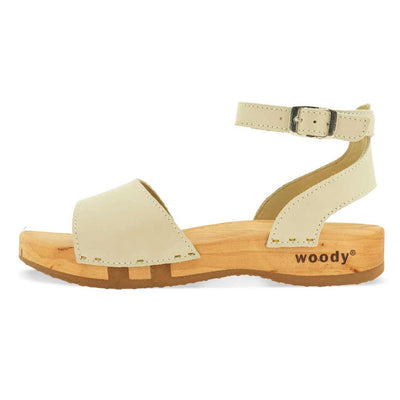 jana, sandalen clogs damen mit biegsamer nachhaltiger holzsohle, farbe: creme, holzclogs woody, woody schuhe, woody shoes, handgemachte holzschuhe aus österreich, kärnten