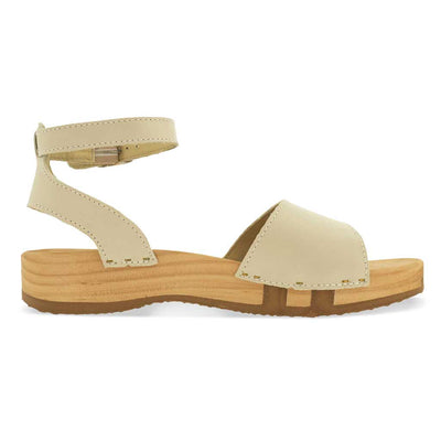 jana, sandalen clogs damen mit biegsamer nachhaltiger holzsohle, farbe: creme, holzclogs woody, woody schuhe, woody shoes, handgemachte holzschuhe aus österreich, kärnten