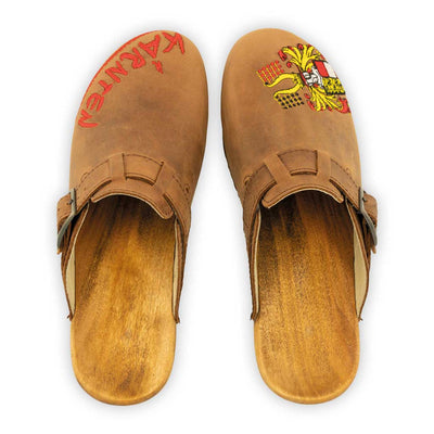 manu kärnten, clogs damen mit stick und biegsamer nachhaltiger holzsohle, der bestseller, farbe: tabacco-braun, holzclogs woody, woody schuhe, woody shoes, handgemachte holzschuhe aus österreich, kärnten