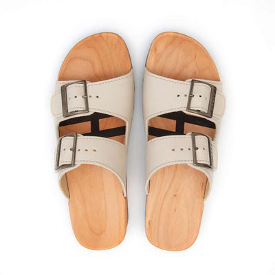 maxima, pantoletten clogs damen mit biegsamer nachhaltiger holzsohle, der bestseller, farbe: creme, holzclogs woody, woody schuhe, woody shoes, handgemachte holzschuhe aus österreich, kärnten