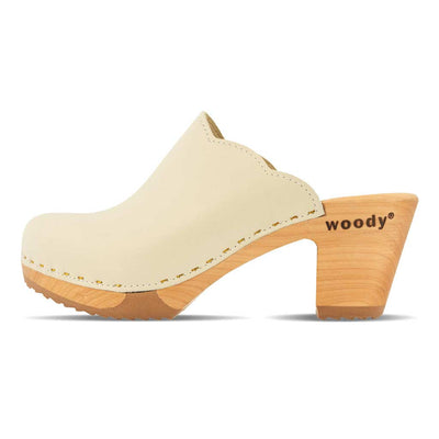 nina, clogs damen mit absatz und biegsamer nachhaltiger holzsohle, der bestseller, holzclogs woody, woody schuhe, woody shoes, handgemachte holzschuhe aus österreich, kärnten, farbe: creme