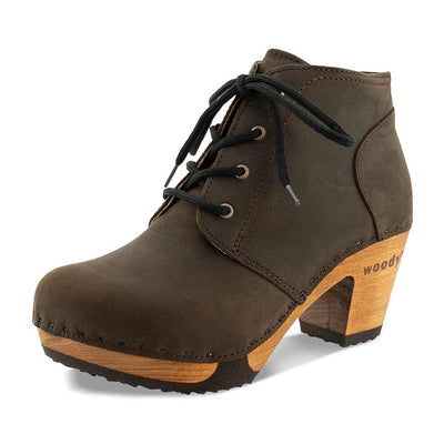 nora, clog boots damen stiefel mit biegsamer nachhaltiger holzsohle, der bestseller, farbe: nero-plata alias schwarz-spotted, holzclogs woody, woody schuhe, woody shoes, handgemachte holzschuhe aus österreich, kärnten