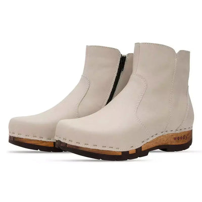 olga, clog stiefelette damen mit biegsamer nachhaltiger holzsohle, farbe: creme (naturweiss), holzclogs woody, woody schuhe, woody shoes, handgemachte holzschuhe aus österreich, kärnten