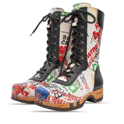 Ramona von woody Schuhe. Damen Stiefel mit hohem Schaft bestellen. Holzclog Stiefel. Holzstiefel. Stiefel für Damen handgemacht. Handgemachte Stiefel kaufen., farbe: showtime (multicolor-print)