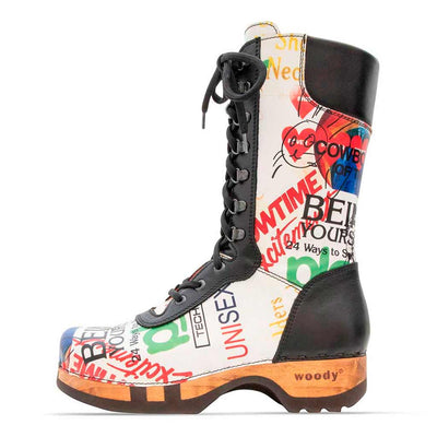 Ramona von woody Schuhe. Damen Stiefel mit hohem Schaft bestellen. Holzclog Stiefel. Holzstiefel. Stiefel für Damen handgemacht. Handgemachte Stiefel kaufen., farbe: showtime (multicolor-print)