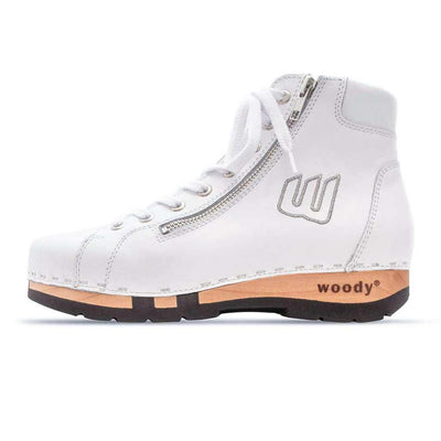 roxy, clog sneakers für damen mit hohem schaft und biegsamer nachhaltiger holzsohle, farbe: weiss (glattleder), holzclogs woody, woody schuhe, woody shoes, handgemachte holzschuhe aus österreich, kärnten