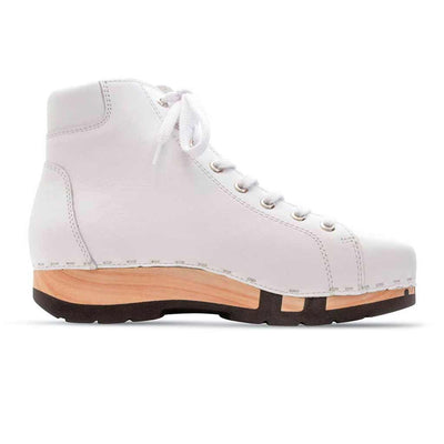 roxy, clog sneakers für damen mit hohem schaft und biegsamer nachhaltiger holzsohle, farbe: weiss (glattleder), holzclogs woody, woody schuhe, woody shoes, handgemachte holzschuhe aus österreich, kärnten