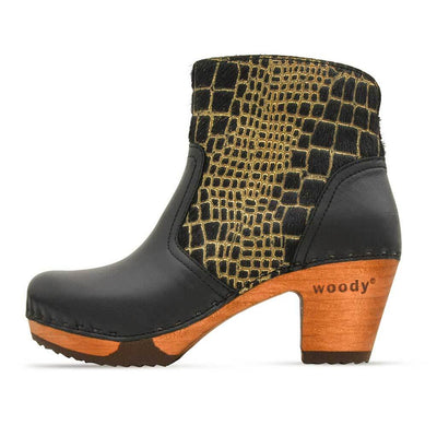 clogs damen tanja woody holzschuhe. tanya ankle boots gefüttert, damenstiefel, stiefel, damenclogs mit flexibler, biegsamer holzsohle. holzclogs, clogs damen knöchel stiefel, damen clogs mit fussbett. ankleboots holz schuhe, holzclog, holzschuhe kaufen, farbe: schwarz - cocco gold