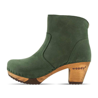 clogs damen tanja woody holzschuhe. tanya ankle boots gefüttert, damenstiefel, stiefel, damenclogs mit flexibler, biegsamer holzsohle. holzclogs, clogs damen knöchel stiefel, damen clogs mit fussbett. ankleboots holz schuhe, holzclog, farbe: forest (dunkelgruen)