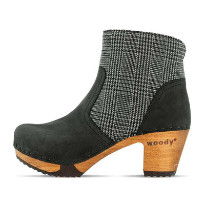 clogs damen tanja woody holzschuhe. tanya ankle boots gefüttert, damenstiefel, stiefel, damenclogs mit flexibler, biegsamer holzsohle. holzclogs, clogs damen knöchel stiefel, damen clogs mit fussbett. ankleboots holz schuhe, holzclog, holzschuhe kaufen, farbe: nero-london