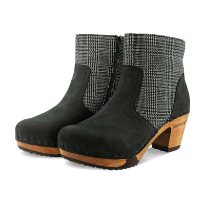 clogs damen tanja woody holzschuhe. tanya ankle boots gefüttert, damenstiefel, stiefel, damenclogs mit flexibler, biegsamer holzsohle. holzclogs, clogs damen knöchel stiefel, damen clogs mit fussbett. ankleboots holz schuhe, holzclog, holzschuhe kaufen, farbe: nero-london