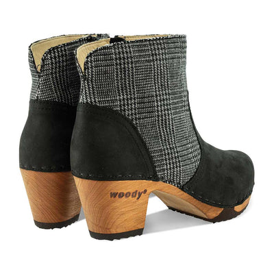 clogs damen tanja woody holzschuhe. tanya ankle boots gefüttert, damenstiefel, stiefel, damenclogs mit flexibler, biegsamer holzsohle. holzclogs, clogs damen knöchel stiefel, damen clogs mit fussbett. ankleboots holz schuhe, holzclog, holzschuhe kaufen, farbe: nero-london