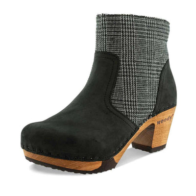 clogs damen tanja woody holzschuhe. tanya ankle boots gefüttert, damenstiefel, stiefel, damenclogs mit flexibler, biegsamer holzsohle. holzclogs, clogs damen knöchel stiefel, damen clogs mit fussbett. ankleboots holz schuhe, holzclog, holzschuhe kaufen, farbe: nero-london