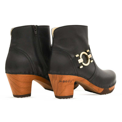 Stiefelette Damen Tara woody Schuhe. Damen Stiefelette mit Absatz. Clog mit Kalbslederfutter als Damenstiefel. Damenclogs, Damen Clogs - Clogs Damen. Holzschuhe für Damen, Damen Clogs, Holzclogs, Damen Pantoletten mit Holzsohle. Farbe: schwarz