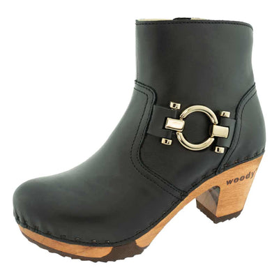 Stiefelette Damen Tara woody Schuhe. Damen Stiefelette mit Absatz. Clog mit Kalbslederfutter als Damenstiefel. Damenclogs, Damen Clogs - Clogs Damen. Holzschuhe für Damen, Damen Clogs, Holzclogs, Damen Pantoletten mit Holzsohle. Farbe: schwarz