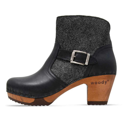 Stiefelette Damen Tina woody Schuhe. Damen Stiefelette mit Absatz. Clog mit Kalbslederfutter als Damenstiefel. Damenclogs, Damen Clogs - Clogs Damen. Holzschuhe für Damen, Damen Clogs, Holzclogs, Damen Pantoletten mit Holzsohle. Farbe: schwarz-argento