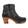 Stiefelette Damen Tina woody Schuhe. Damen Stiefelette mit Absatz. Clog mit Kalbslederfutter als Damenstiefel. Damenclogs, Damen Clogs - Clogs Damen. Holzschuhe für Damen, Damen Clogs, Holzclogs, Damen Pantoletten mit Holzsohle. Farbe: schwarz-argento