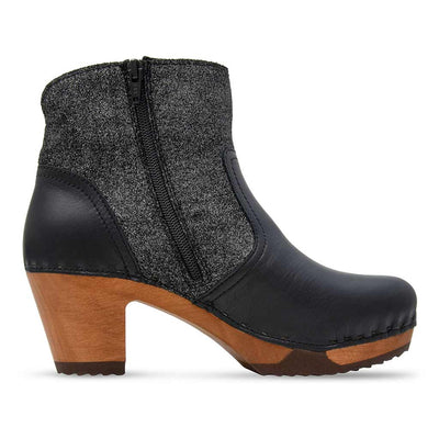 Stiefelette Damen Tina woody Schuhe. Damen Stiefelette mit Absatz. Clog mit Kalbslederfutter als Damenstiefel. Damenclogs, Damen Clogs - Clogs Damen. Holzschuhe für Damen, Damen Clogs, Holzclogs, Damen Pantoletten mit Holzsohle. Farbe: schwarz-argento