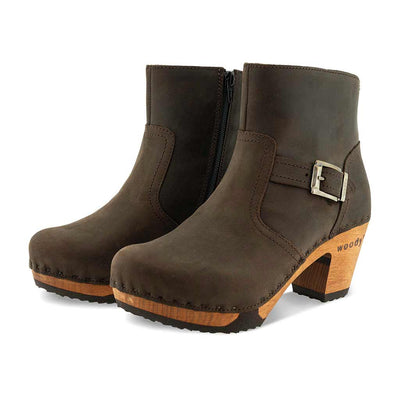 Stiefelette Damen Tina woody Schuhe. Damen Stiefelette mit Absatz. Clog mit Kalbslederfutter als Damenstiefel. Damenclogs, Damen Clogs - Clogs Damen. Holzschuhe für Damen, Damen Clogs, Holzclogs, Damen Pantoletten mit Holzsohle. Farbe: Caffe (braun)