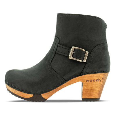 Stiefelette Damen Tina woody Schuhe. Damen Stiefelette mit Absatz. Clog mit Kalbslederfutter als Damenstiefel. Damenclogs, Damen Clogs - Clogs Damen. Holzschuhe für Damen, Damen Clogs, Holzclogs, Damen Pantoletten mit Holzsohle. Farbe: nero (schwarz)