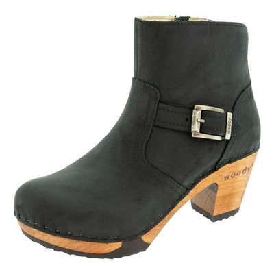 Stiefelette Damen Tina woody Schuhe. Damen Stiefelette mit Absatz. Clog mit Kalbslederfutter als Damenstiefel. Damenclogs, Damen Clogs - Clogs Damen. Holzschuhe für Damen, Damen Clogs, Holzclogs, Damen Pantoletten mit Holzsohle. Farbe: nero (schwarz)