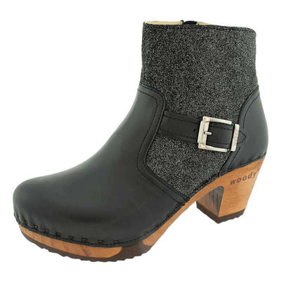 Stiefelette Damen Tina woody Schuhe. Damen Stiefelette mit Absatz. Clog mit Kalbslederfutter als Damenstiefel. Damenclogs, Damen Clogs - Clogs Damen. Holzschuhe für Damen, Damen Clogs, Holzclogs, Damen Pantoletten mit Holzsohle. Farbe: schwarz-argento