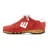 clogs herren sneaker wayne woody holzschuhe. herren clogs, flexible, biegsame holzsohle. holzclogs, sneaker clogs herren, männer clogs mit fussbett. woody leder clogs herren. holzclogs, holzschuhe bestellen. farbe: rosso-weiss (rot-weiss), logo detailansicht