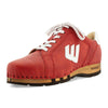 clogs herren sneaker wayne woody holzschuhe. herren clogs, flexible, biegsame holzsohle. holzclogs, sneaker clogs herren, männer clogs mit fussbett. woody leder clogs herren. holzclogs, holzschuhe bestellen. farbe: rosso-weiss (rot-weiss), logo detailansicht