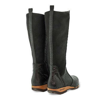 ZOEY - Stiefelette Damen woody Schuhe. Damen Stiefelette mit Absatz. Damenclogs, Damen Clogs - Clogs Damen. Holzschuhe für Damen, Holzclogs, Damen Pantoletten mit Holzsohle. Damen Stiefelette kaufen. Farbe: siyah kroko (schwarz mit krokodil-prägung)