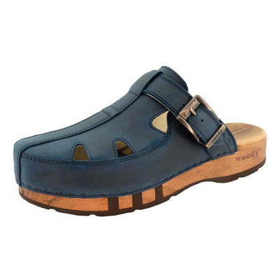 freddy, clogs herren mit biegsamer nachhaltiger Holzsohle, farbe: avion-blau, holzclogs woody, woody schuhe, woody shoes, handgemachte holzschuhe aus österreich, kärnten