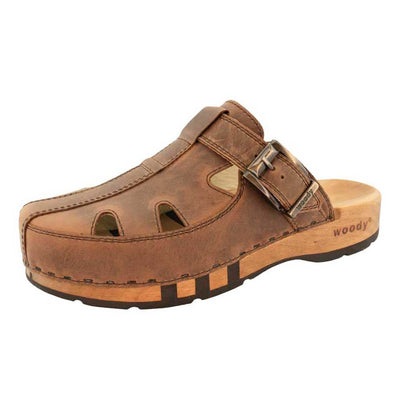 freddy, clogs herren mit biegsamer nachhaltiger Holzsohle, farbe: tabacco-braun, holzclogs woody, woody schuhe, woody shoes, handgemachte holzschuhe aus österreich, kärnten