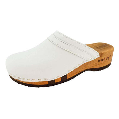 hanni, clogs damen mit biegsamer nachhaltiger holzsohle, farbe: weiss, holzclogs woody, woody schuhe, woody shoes, handgemachte holzschuhe aus österreich, kärnten