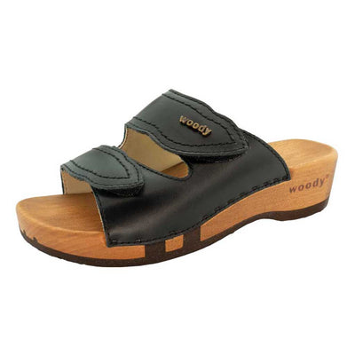 melanie, pantoletten clogs damen mit biegsamer nachhaltiger holzsohle, der bestseller, farbe: schwarz, holzclogs woody, woody schuhe, woody shoes, handgemachte holzschuhe aus österreich, kärnten