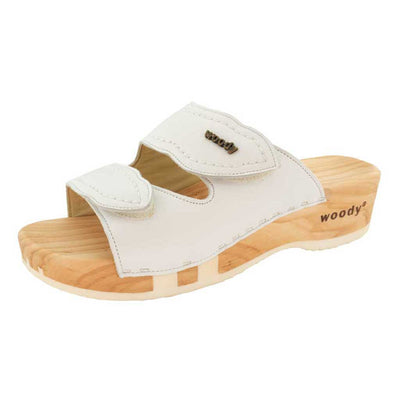 melanie, pantoletten clogs damen mit biegsamer nachhaltiger holzsohle, der bestseller, farbe: weiss, holzclogs woody, woody schuhe, woody shoes, handgemachte holzschuhe aus österreich, kärnten